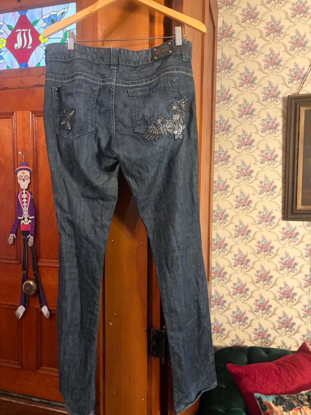Vintage Guess Jeans Daredevil Dark Boot Cut Denim Embroidered Studed Y2K 32
